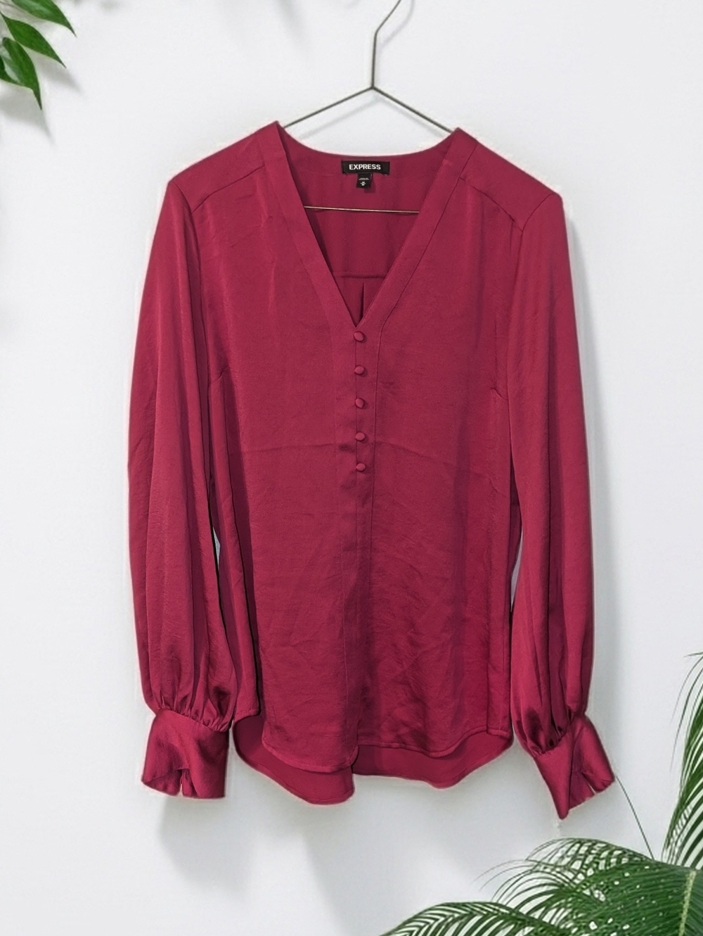 Express Hot Pink Satin Long Sleeve Button-Front V-Neck Blouse, Size M